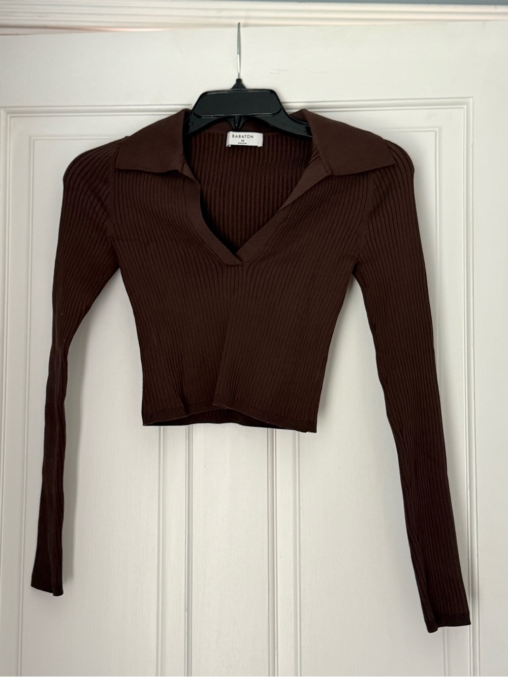 Babaton Chocolate Ribbed Long-Sleeve V-Neck Polo Top